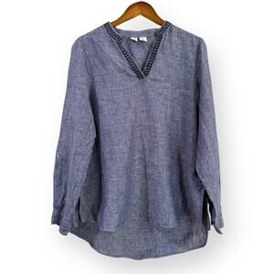 Artisan NY 100% Linen Chambray Tunic Womens Large Blue Embroidery V-Neck Casual